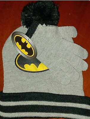 #ad OFFICIAL BATMAN KIDS UNISEX POM HOODIE GRAY HAT amp; GLOVES GIFTS COLLECTABLE NEW $13.99