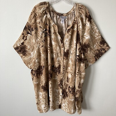 #ad Catherines Tunic Top 5X Maggie Barne Brown Tan Floral Blouse Light Weight Office $21.00