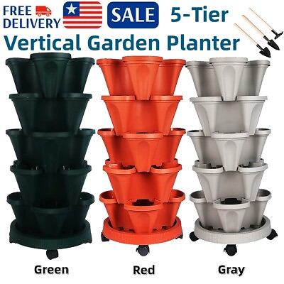 5 Tier Stackable Flower Pots Strawberry Herb Garden Indoor Stand w Planting Kit $70.86