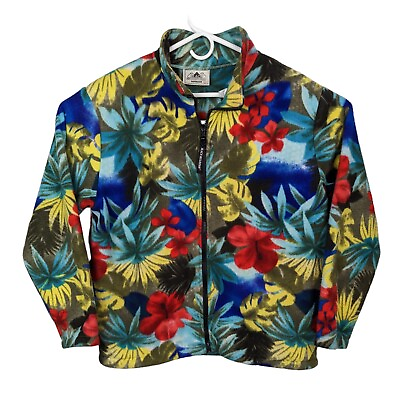 #ad Vtg Black Mountain Full Zip Hawaiian Floral Fuzzy Fleece Jacket Men#x27;s Sz XL $89.95