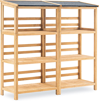#ad Lovupet Outdoor Wood Garden Shelf w Roof 3 Tier Wooden Ladder Plant Stand 1666 $369.59