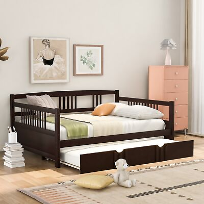 #ad Full Size Daybed Wood Bed with Twin Size Trundle Wooden Platforms Bed Frame New $365.87