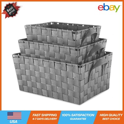 Durable Indoor Storage Organizer Woven Strap Storage Baskets Set of 3 Gray $22.52