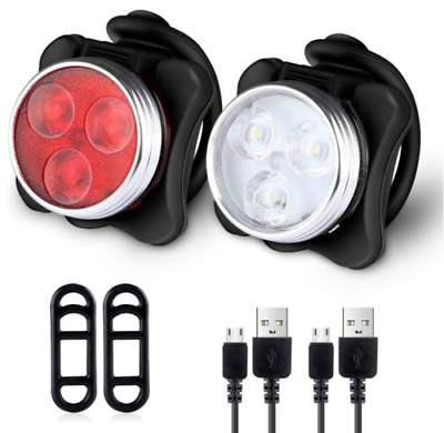 #ad 2×USB Rechargeable LED Bike Lights Set Headlight Taillight Caution Bicycle Light $10.00