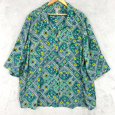 #ad Catherines Paisley Floral Button Up Blouse Top 5X 34 36W Green 3 4 Sleeve Shirt $23.44