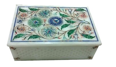 #ad White Marble Jewelry Box Semi Precious Stone Inlay Work Stationary Box for Table $366.30