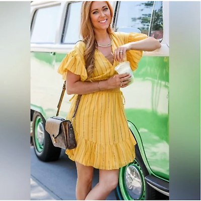 #ad Saylor Adrianne Stripe Smock Dress L Yellow Travel Beach Cruise Boho Cruise $75.00