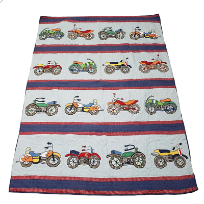 #ad Vintage Company Kids Motorcycles Twin Quilt Bike Bed Cover Striped Cotton 66x86 $79.99
