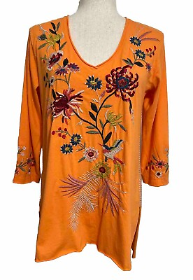 #ad Johnny Was Embroidered Raw Hem Casual Top. Size S Boho Natural Beach Cruise Soft $79.00