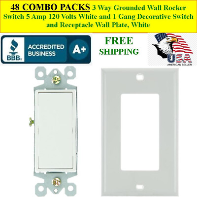 #ad 48 COMBO PACKS 3 Way Grounded Wall Rocker Light Switch and Wall Plate White $460.80