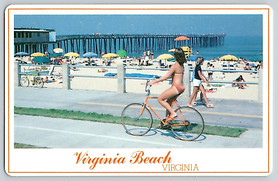 #ad Vintage Chrome Postcard Woman Riding A Bike Near The Pier Virginia Beach VA $12.95