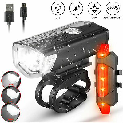#ad USB Rechargeable LED Bicycle Headlight Bike Front Rear Light Cycling Lamp Set $9.75