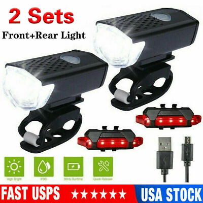 #ad 2 Sets USB Rechargeable LED Bicycle Headlight Bike Front Rear Lamp Cycling US $7.49