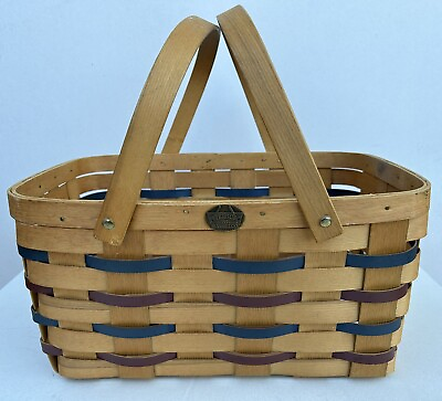 #ad PETERBORO Wooden Picnic Basket With Handles Made In USA $24.99
