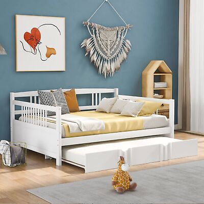#ad Full Size Daybed Wood Bed with Twin Size TrundleWhite $357.88