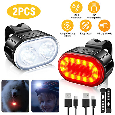 #ad USB Rechargeable LED Bicycle Headlight Bike Front Rear Light Cycling Lamp Set $14.48