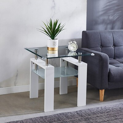 24quot; Light Weight White Room Couch Side Clear Glass Table Round Indoor Stand $128.80