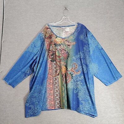 #ad Catherines Women Top 5x Blue Paisley Tunic Blouse 3 4 Sleeve Round Neck $19.89