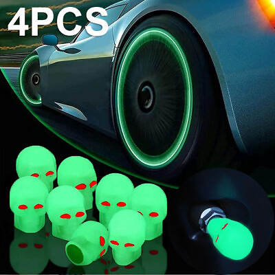 #ad 4PCS Universal Fluorescent Luminous Skull Car Tire Valve Air Dust Cover Stem Cap $7.99