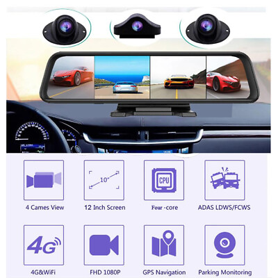 #ad #ad Android 4G Car DVR Rearview Mirror 4 Channel Cameras Center Control Wifi DashCam $279.30