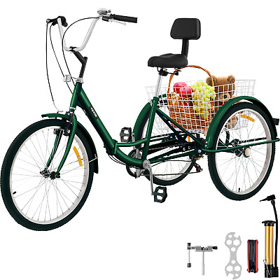 #ad VEVOR Adult Tricycle 24quot; 7 Spe Folding Tricycle Bike 3 Wheel w Basket $199.99