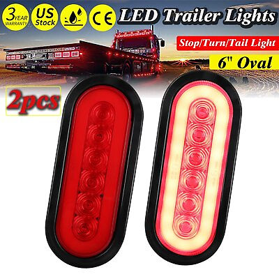 #ad 2 Red 6quot; Oval Trailer Lights 10 LED Stop Turn Tail Truck Sealed Grommet Plug DOT $19.99