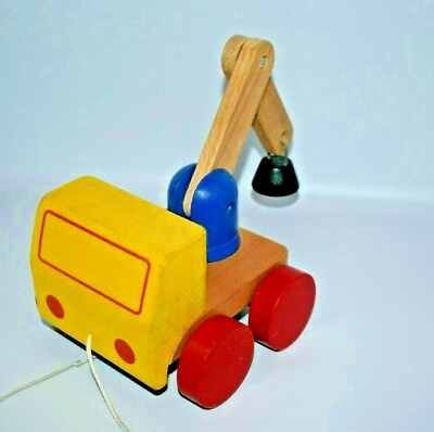 #ad IKEA Pull Along Wood Truck with Magnetic Crane Toy Vehicle Red Blue Yellow $7.55