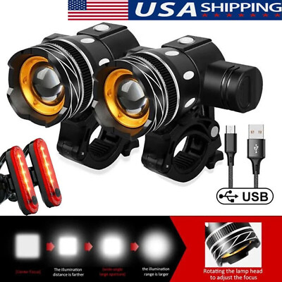 #ad 2 Set LED USB Charging Mountain Bike Lights Bicycle Torch Front Rear Lamp Kit $17.99
