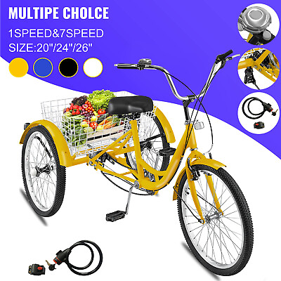 20 24 26quot; Adult Bicycle 1 7 Speed 3 Wheel Adult Trike Tricycle w Basket amp; Tool $251.99