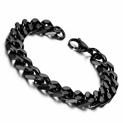 #ad #ad 8.7quot; Black Mens Stainless Steel Cuban Curb Chain Bracelet Cool Boys Gift*11MM $11.89