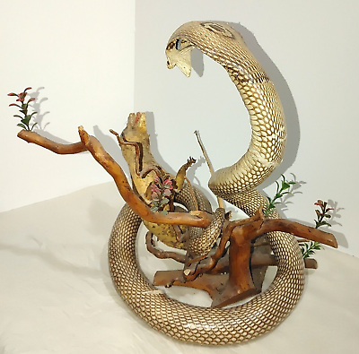 #ad Vintage Fighting 16quot; Tall Coiled Cobra Taxidermy Snake W Mongoose Rat Sculpture $220.00