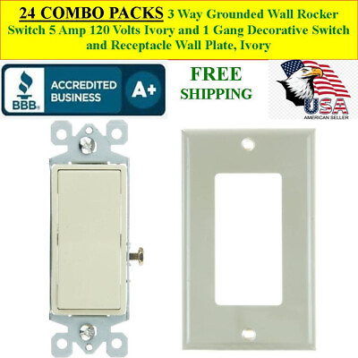 #ad 24 COMBO PACKS 3 Way Grounded Wall Rocker Light Switch and Wall Plate Ivory $254.40