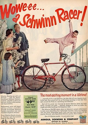 1955 Schwinn PRINT AD Racer 3 Speed Bike Boy Flying Down Staircase Fun Decor $17.99