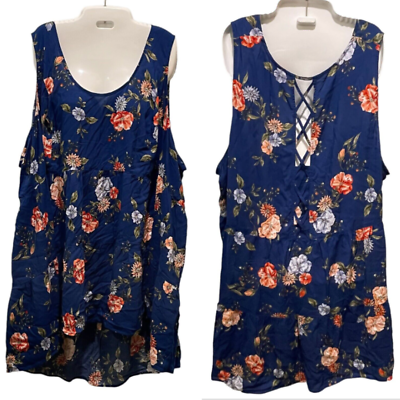 #ad Torrid Sleeveless Tunic Top 5 5X Blue Floral Rayon Tiered Corset Laced Back $19.12