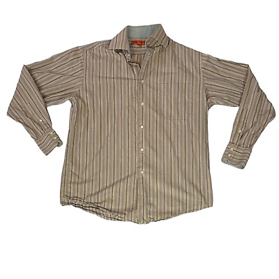 #ad Sette Ponti Mens Shirt Button Down Medium Stripe Cotton Tan Green Yellow Brown $19.99