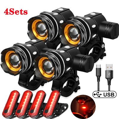#ad 4Set LED USB Mountain Bike Lights Bicycle Torch Front4x Rear Lamp Rechargeable $29.98
