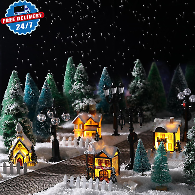 #ad 27 Pcs Christmas Village Sets Christmas Village Street Accessories LED Lighted $43.87