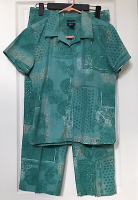 #ad #ad IZOD Teal Cotton Blend Crop Pant Camp Shirt Set Casual Vacation Beach Cruise $19.79