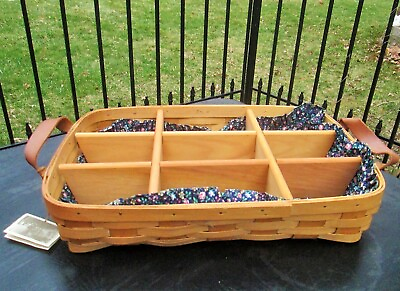 #ad PETERBORO Basket Co New Hampshire Large BUFFET Divided Wood Crate Calico Liner $39.00