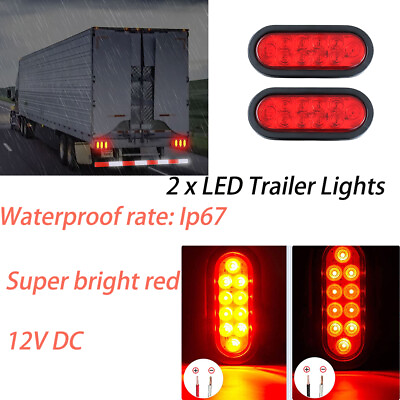 #ad 10 LED 2 Red 6quot; Oval Trailer Lights Stop Turn Tail Truck Sealed Grommet Plug DOT $12.68