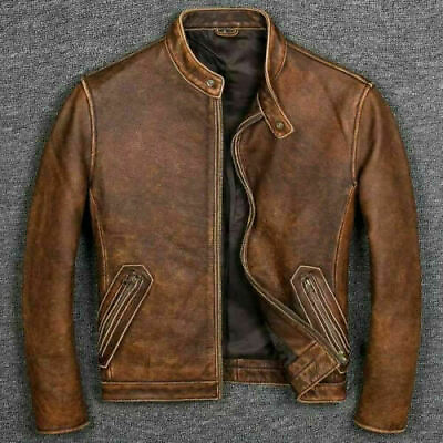 #ad Distressed Tan Brown Cafe Racer Vintage Biker Motorcycle Men#x27;s Leather Jacket $88.98