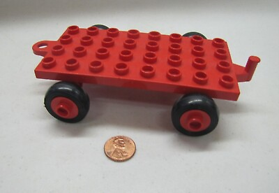 #ad Lego Duplo RED CAR BASE Vehicle 4 x 8 Wheels Black Tires Closed Hitch End 1970#x27;s $5.15