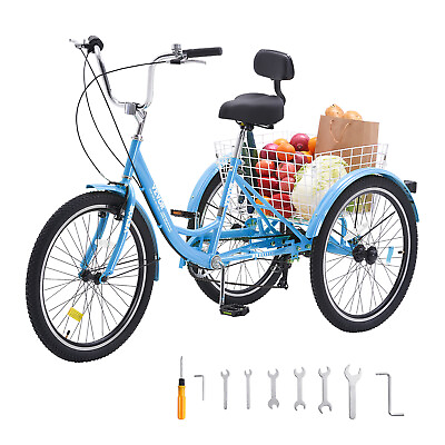 #ad VEVOR 26quot; Adult Tricycles Bike 3 Wheel Trike Bicycle 7 Speed Carbon Steel Blue $220.57