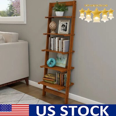#ad 5 Tier Wood Leaning Bookcase Ladder Storage Shelf Wall Rack Unit Organizer US $30.80