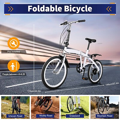 #ad White Folding Bike Foldable City Bike for Adult 20quot; Commute Bicycle 6Speed Gears $175.00