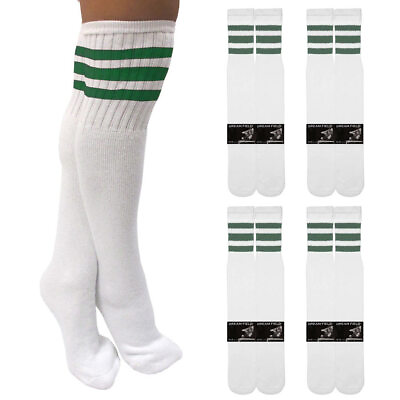 #ad 4 Pairs Casual Knee High White Tube Socks Long Athletic Green Stripe Sport 10 15 $11.75