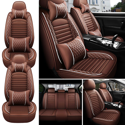 5 Seats Car Seat Cover PU Leather Front Rear SUV Cushion Set Universal Coffee $89.99