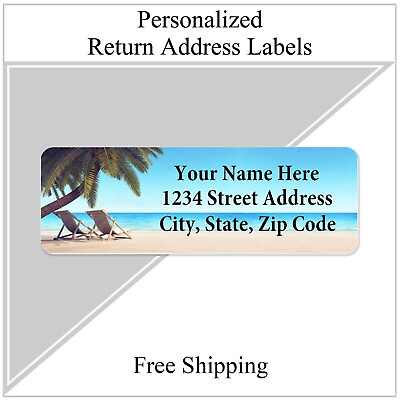 #ad #ad 60 Return Address Labels Personalized Printed 3 4 x 2 1 4 Beach Scene $2.99