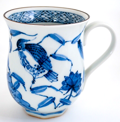 #ad Vintage Japanese Mug Cup Blue amp; White Bird on the Lotus Porcelain Seto ware $36.80