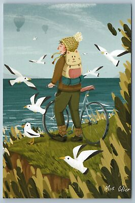 #ad BOY with BIKE near Sea Beach Cat Bag Gulls Birds Unusual Graphic New Postcard $2.99